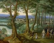 鲁卡斯 凡 瓦肯博赫 : The emperor walking in the woods near Neugebaude Palace